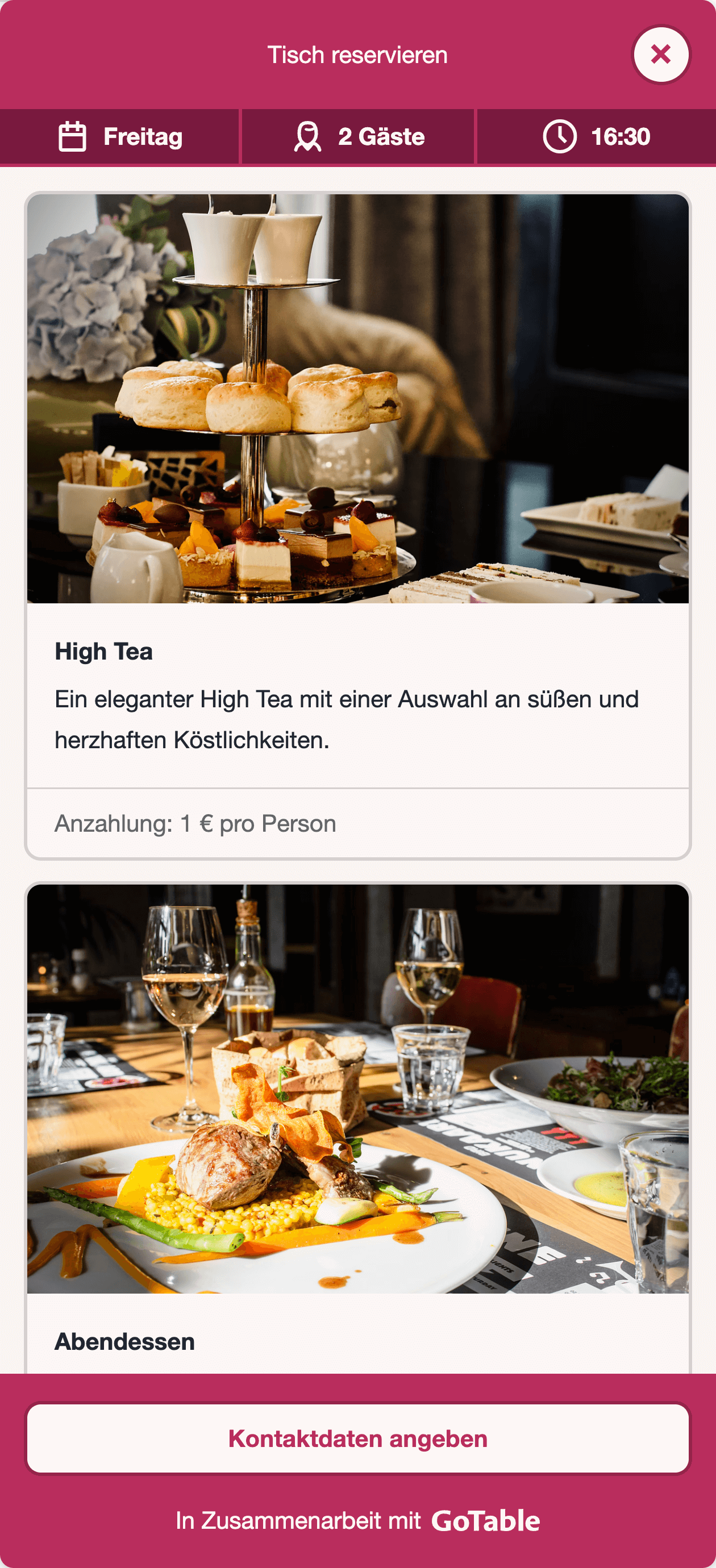 Beispiel für das Reservierungs-Widget.