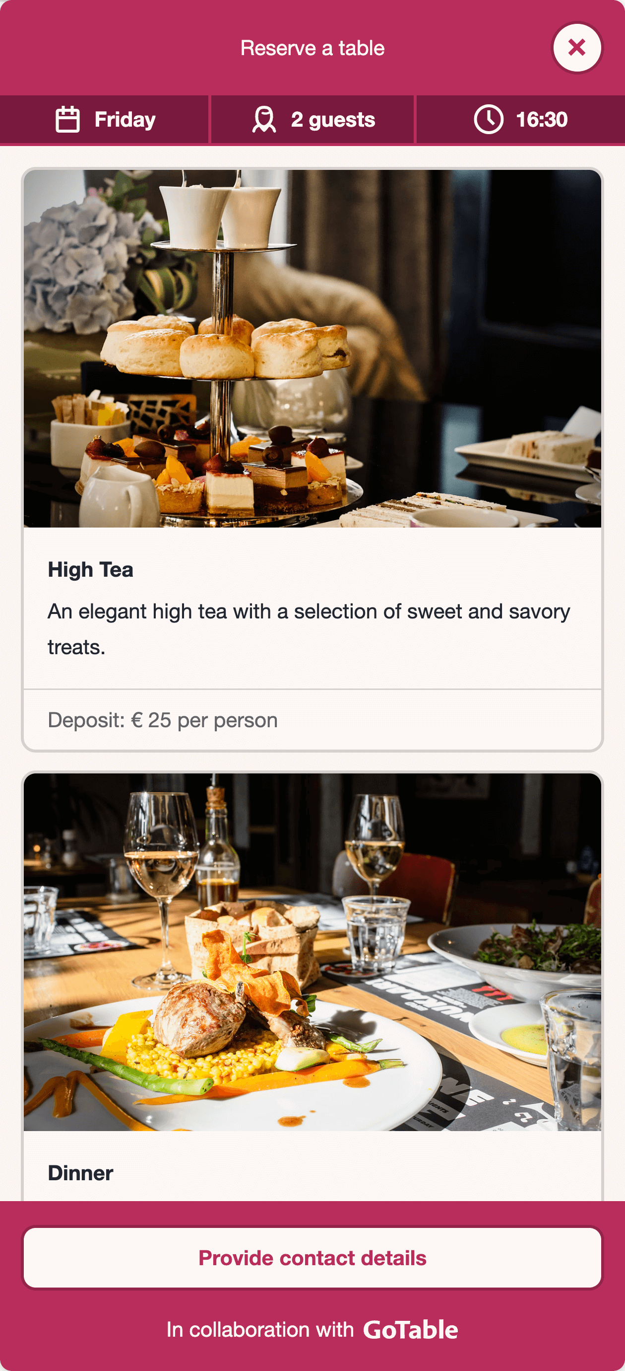 Example of the reservation widget